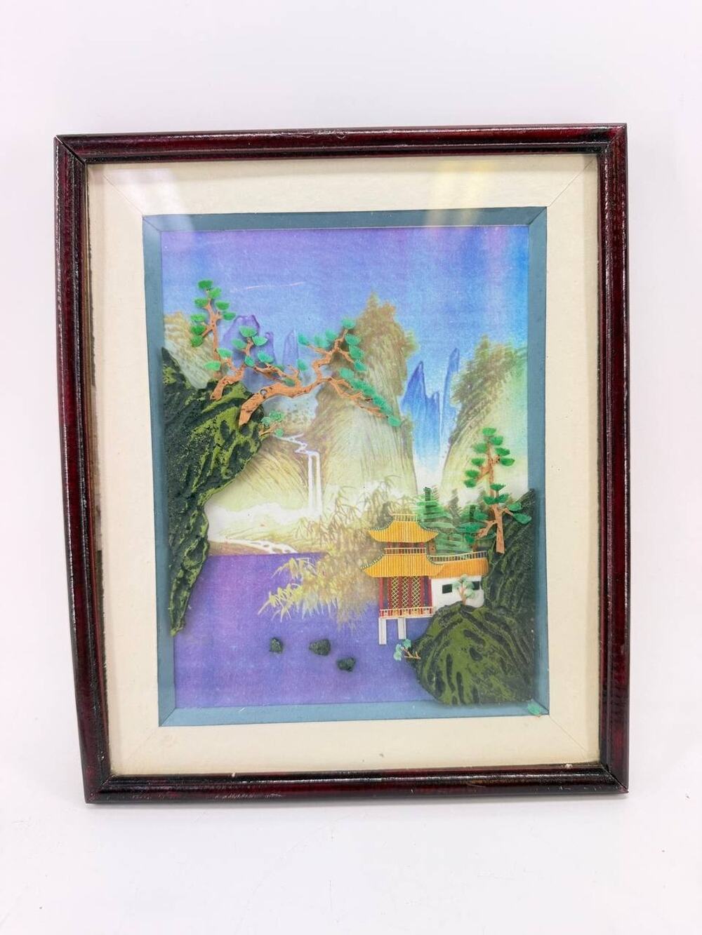 Vintage Asian Mixed Media Landscape Painting Framed Under Glass Wood Frame